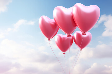 pink heart shaped balloons in sky, love, valentines day, partner, girlfriend, surprise, a few clouds, sunny day, floating shiny balloons inflated with helium at the end of a wire