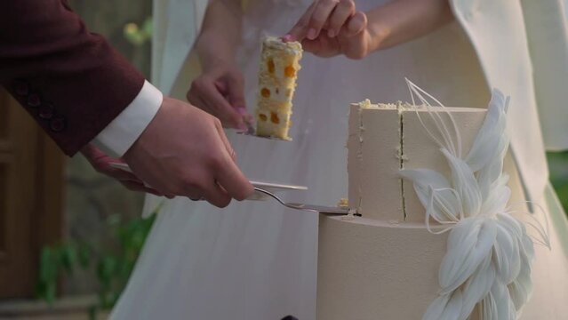 A person cutting a celebration cake. Bride and groom at wedding reception venue. Man and woman holding knife and cut a slice of dessert.