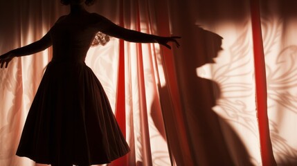 Enigmatic Shadows: Captivating Stage Performer's Silhouette Casts a Spellbinding Prelude on the Velvet Curtain - obrazy, fototapety, plakaty