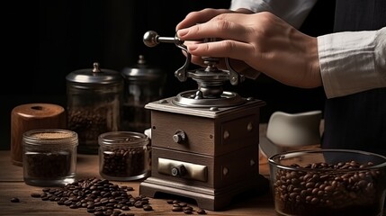 Timeless Ritual: Hands of a Coffee Connoisseur Embrace the Vintage Charm of a Manual Coffee Grinder