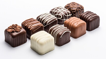 Delicious handmade chocolates on white background, luxury chocolates, white chocolate, dark chocolate, generative ai