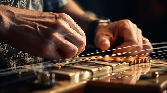 Melodic Mastery: Skilled Hands Perfectly Harmonize Guitar Strings in Captivating Close-Up