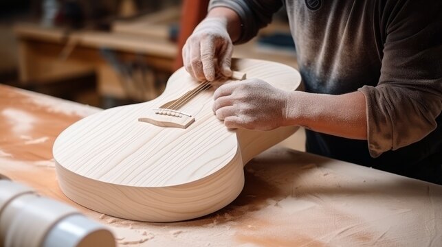 Masterful Artistry: Skilled Woodworker Perfecting a Custom-Made Guitar with Precision and Passion