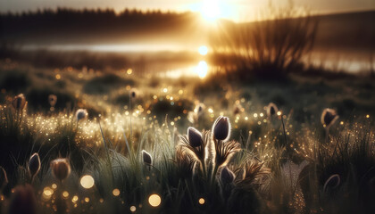 Dewy meadow at sunrise