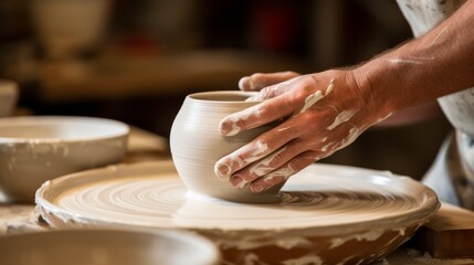 Fototapeta na wymiar Artistry in Motion: Master Ceramicist's Hands Bring Life to Handmade Pot with Mesmerizing Glaze Painting