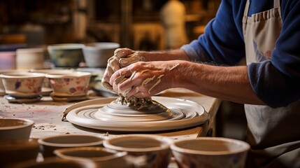 Artistry in Motion: Master Ceramist's Hands Perfecting a Glazed Pottery Piece, Surrounded by the Warmth of Kiln Shelves