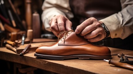 Masterful Artistry: Skilled Cobbler's Hands Revive Leather Shoe with Time-Honored Tools - obrazy, fototapety, plakaty