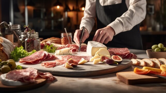 Savor the Artistry: Masterful Chef's Hands Create a Delectable Cheese and Charcuterie Symphony in a Gastronomic Haven