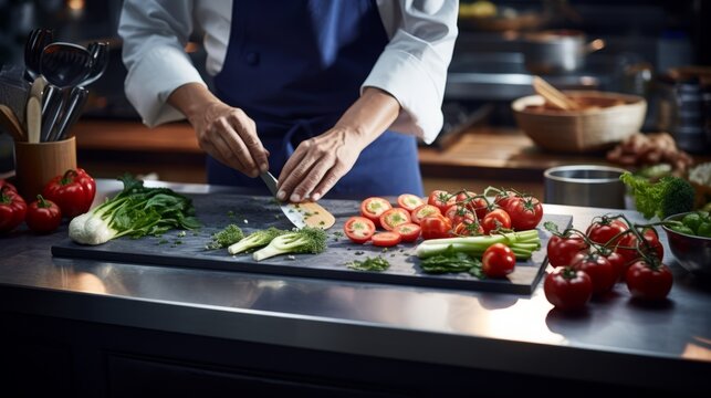 Masterful Culinary Artistry: Expert Chef's Hands Skillfully Slice Fresh Vegetables in a Gleaming Stainless Steel Kitchen - Captivating Food Preparation Stock Image