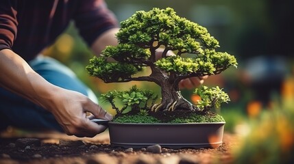 Zen in Motion: Masterful Gardener Nurtures Serenity with Pruned Bonsai Tree in Tranquil Garden - obrazy, fototapety, plakaty