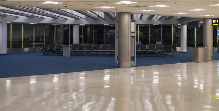 Empty airport terminal at night. Airport departure lounge with no people in it