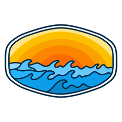 VECTOR ILLUSTRATION SUMMER PARADISE WITH WAVES ON SUMMER BADGE RETRO DESIGN