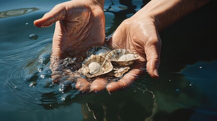 Ocean's Treasures: Captivating Hands of a Pearl Diver Unveiling a Pristine Oyster Catch - obrazy, fototapety, plakaty