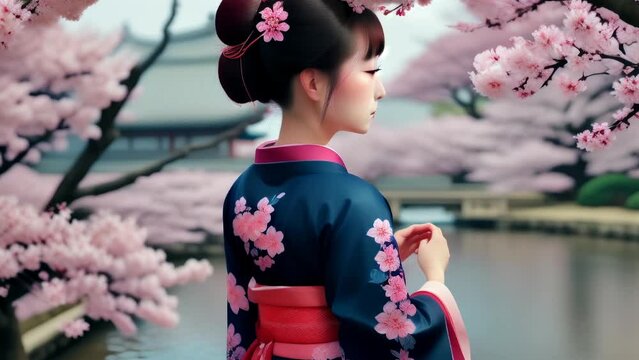 Japanese Woman in a Kimono with Sakura Trees