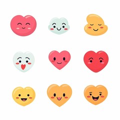 Fototapeta premium Joyful Hearts: A Delightful Collection of Cute Cartoon Emotions, Radiating Smiles on a Minimal White Background in a Playful Flat Style