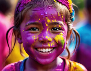 Happy smiling young girl painted in the bright colors of Holi festival.