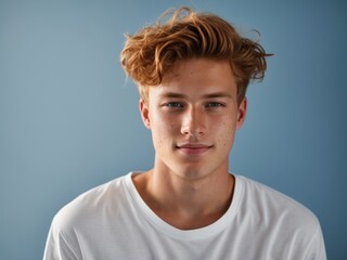 Redhead young man in a white shirt on a blue background