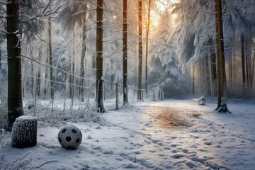 Winter wonderland with frosty football pitch. Generative AI