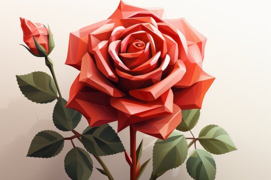 Polygonal Elegance: Captivating Low-Poly Rose in Flat Vector Style on White Background