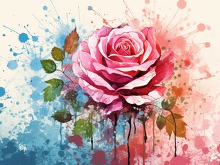 Enchanting Rose: A Vibrant Splash of Color in a Grunge-Style Painting, Evoking Emotion and Distress on Paper