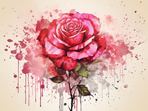 Enchanting Rose: A Vibrant Splash of Color in a Grunge-Style Painting, Evoking Emotion and Distress on Paper