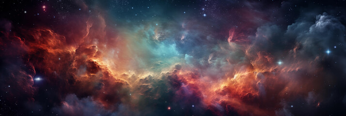 Banner colored nebula and open cluster of stars in the universe. Elements of this image furnished...