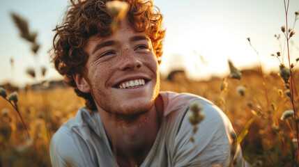young man with red hair an freckles sitting in a field
