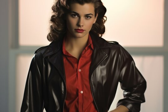 People fashion clothing 1950, 1960 in the style of iconic rock and roll imagery, Times of driving music, trendy hairstyles, stylish clothes, daring deeds, leather jackets and colorful dresses .