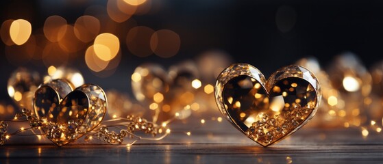 Golden Glittering Heart: A Luxurious and Elegant Banner Template with Smooth Lines, Bokeh, and Captivating Stars, Creating a Space for Text