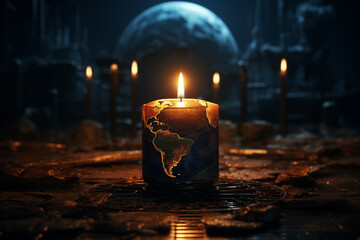 Earth hour draw attention to environmental issues turn off unnecessary lights and electrical devices for one hour, star save environment nature planet world ecology blackout dark lamp sky candle. - obrazy, fototapety, plakaty