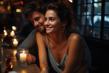 Amidst a warm restaurant ambiance, a happy couple in love shares smiles and laughter, their connection evident in the joyous atmosphere of shared moment and romantic bliss