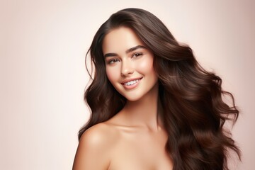 Naklejka premium Beautiful laughing brunette model girl with long curly hair