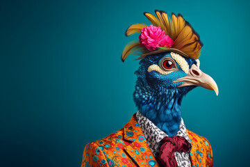 Studio portrait of a funky anthropomorphic peacock wearing a colorful suit jacket on a blue background