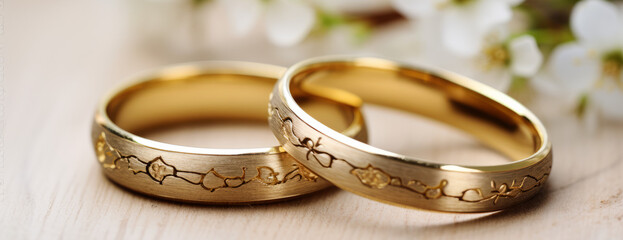 Golden wedding rings close-up lie on top of each other on silk fabric, wedding rings on a bouquet...