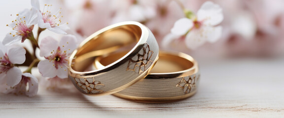 Golden wedding rings close-up lie on top of each other on silk fabric, wedding rings on a bouquet of flowers and petals.