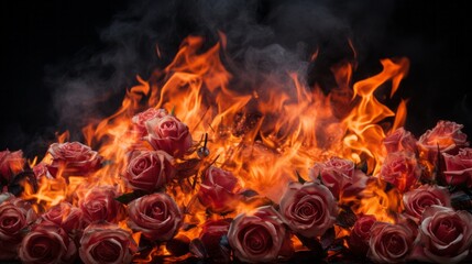 Fiery Elegance: Mesmerizing Medium Shot of a Vibrant Rose Garden in Flames