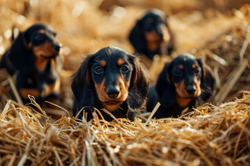 Portrait of two Dachshund puppies laying in hay, cute and colorful.