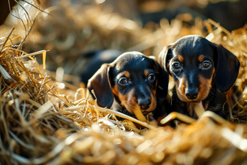 Portrait of two Dachshund puppies laying in hay, cute and colorful.