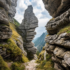 Geomorphologic rocky structures landmark in Bucegi Mountains, Romania.