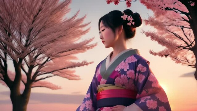 Japanese Woman in a Kimono with Sakura Trees