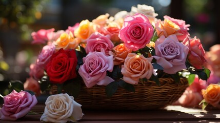 Vibrant Multicolor Rose Bouquet: A Captivating Basket of Blooms Amidst a Lush Garden Backdrop