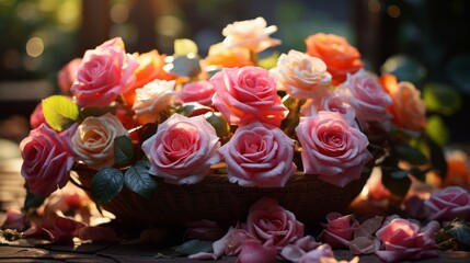 Obraz na płótnie Canvas Vibrant Multicolor Rose Bouquet: A Captivating Basket of Blooms Amidst a Lush Garden Backdrop
