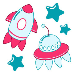 Fototapeta premium Set of space elements. Two spaceships and three stars on a white background. Cartoon vector illustration.