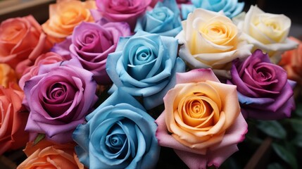 Fototapeta premium Vibrant Kaleidoscope of Multicolored Roses: A Captivating Top-View Garden Tapestry