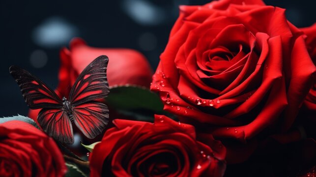 Enchanting Dance of Passion: Red Rose and Black Butterfly - Captivating Nature's Harmony in a Mesmerizing Image