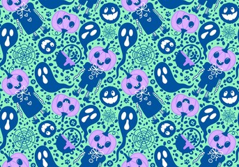 Cartoon Halloween seamless pumpkins and monsters and ghost pattern for wrapping paper and fabrics and linens