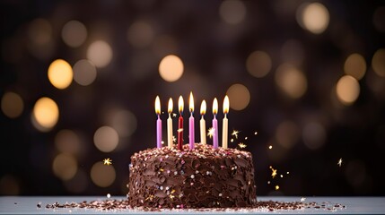 Chocolate birthday cake with candles, bokeh background with fairy lights. Copyspace graphic banner