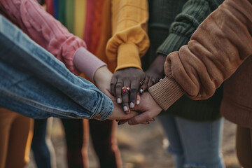 empowering photo capturing a diverse group of individuals holding hands and forming a human chain, symbolizing unity and strength in the LGBTQ+ community in a minimalistic photo