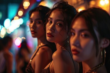 Obraz na płótnie Canvas An intimate close-up photo that showcases the grace and beauty of Thai women as they make direct eye contact with the camera amidst the city's nocturnal ambiance