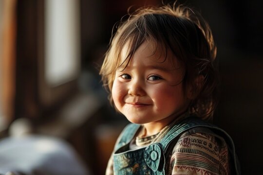 A charming photograph capturing a child with Down syndrome, looking directly at the camera and radiating a genuine and bright smile